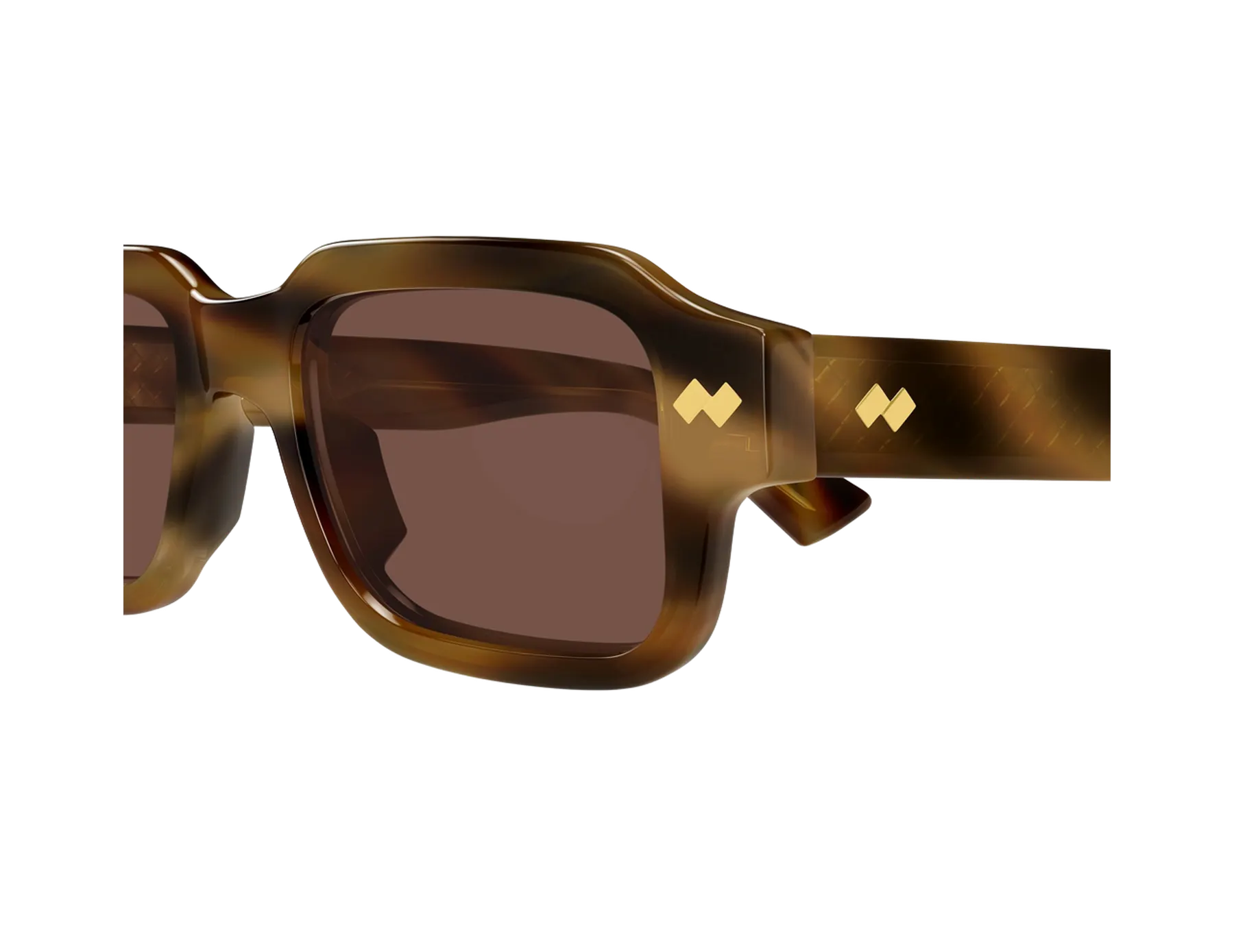 Bottega Veneta BV1442S sunglasses, colour Havana, detail of the gold diamonds and temple