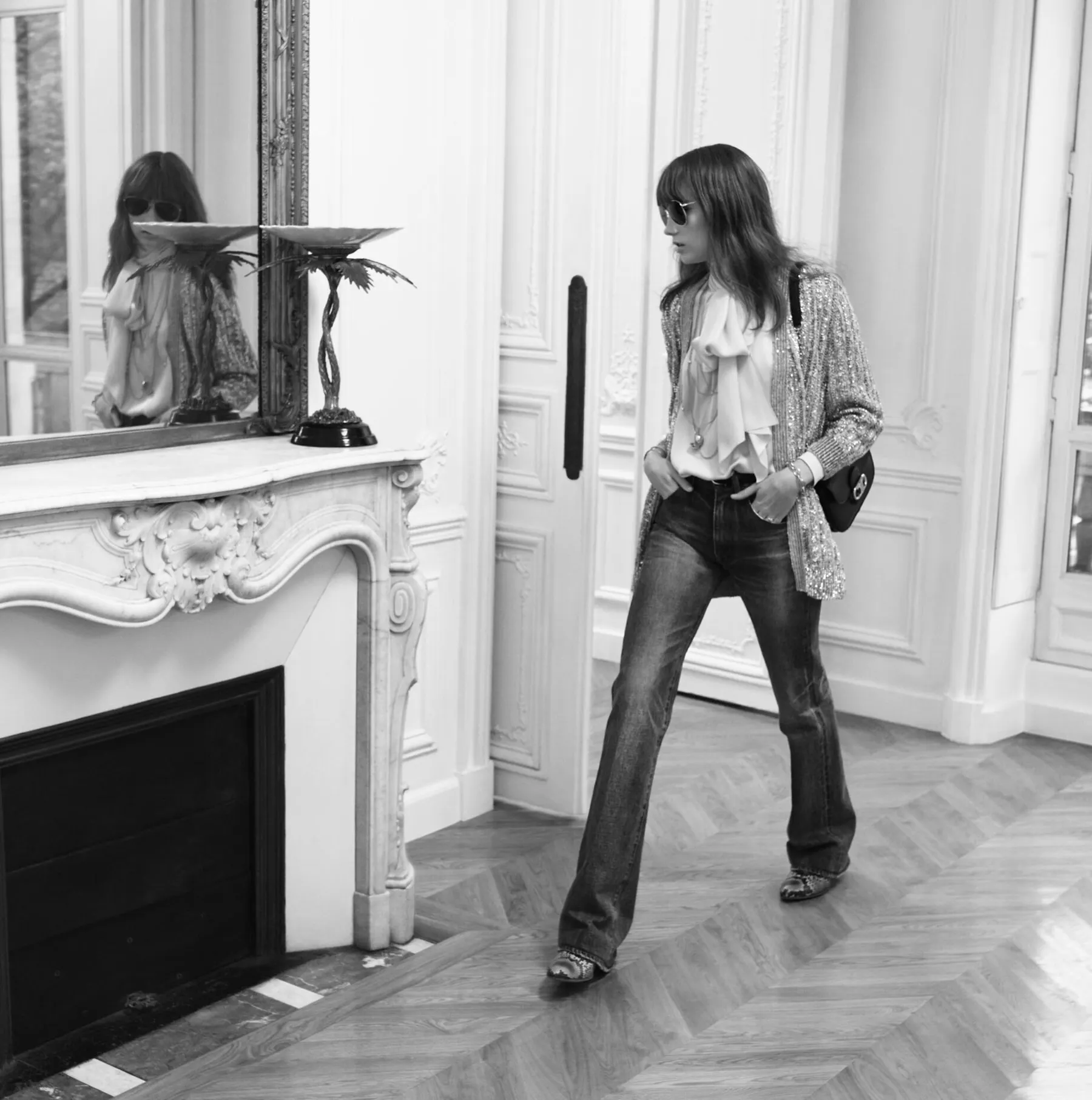Celine Triomphe campaign, Spring-Summer 2020: Fran Summers in aviator sunglasses in a Parisian apartment