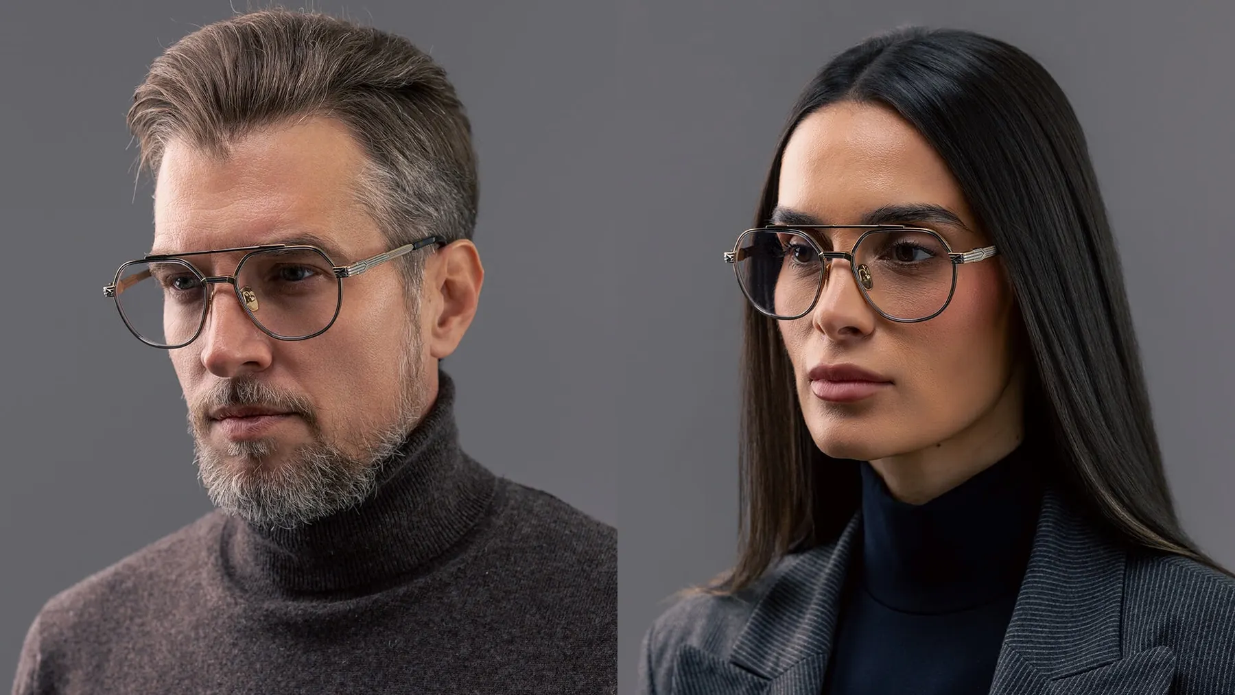 A man and a woman wearing Pray Kael Optical glasses, gold and silver frame