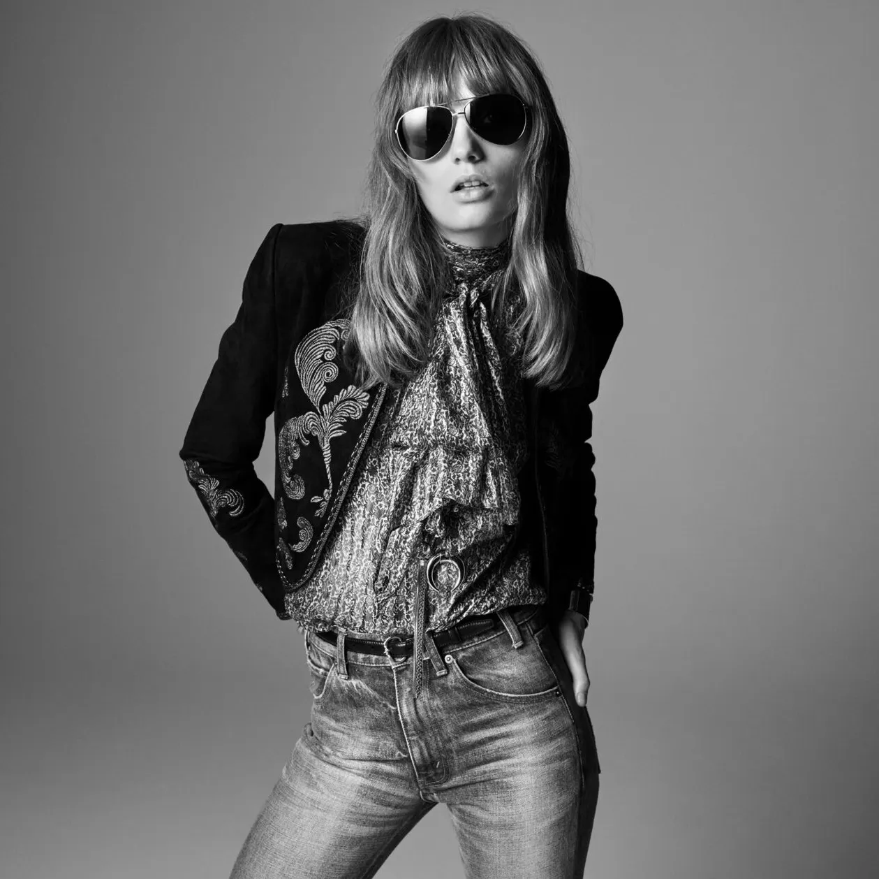Celine Triomphe campaign, Spring-Summer 2020: a portrait of Fran Summers in aviator sunglasses