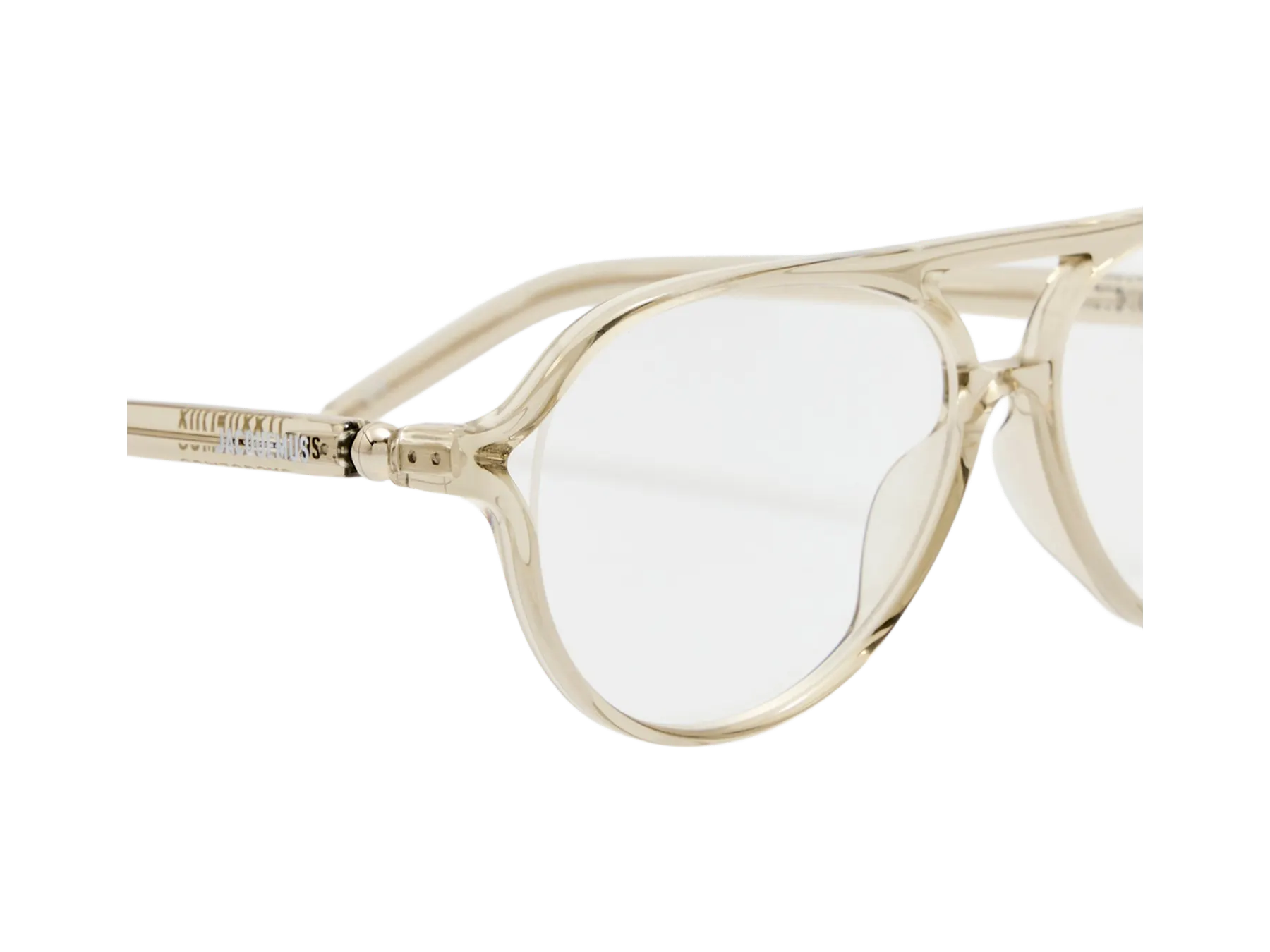Jacquemus Pastro Optical optical glasses, colour Smoke, close-up of the hinge and temple