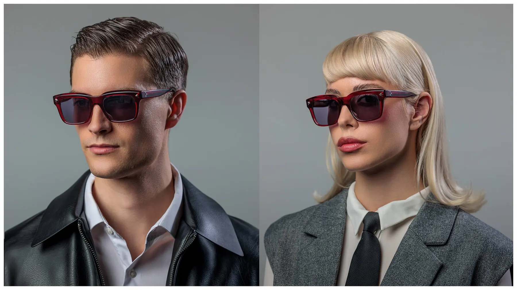 A man and a woman wearing Pray Abaddon sunglasses, clear dark red frame and grey lenses