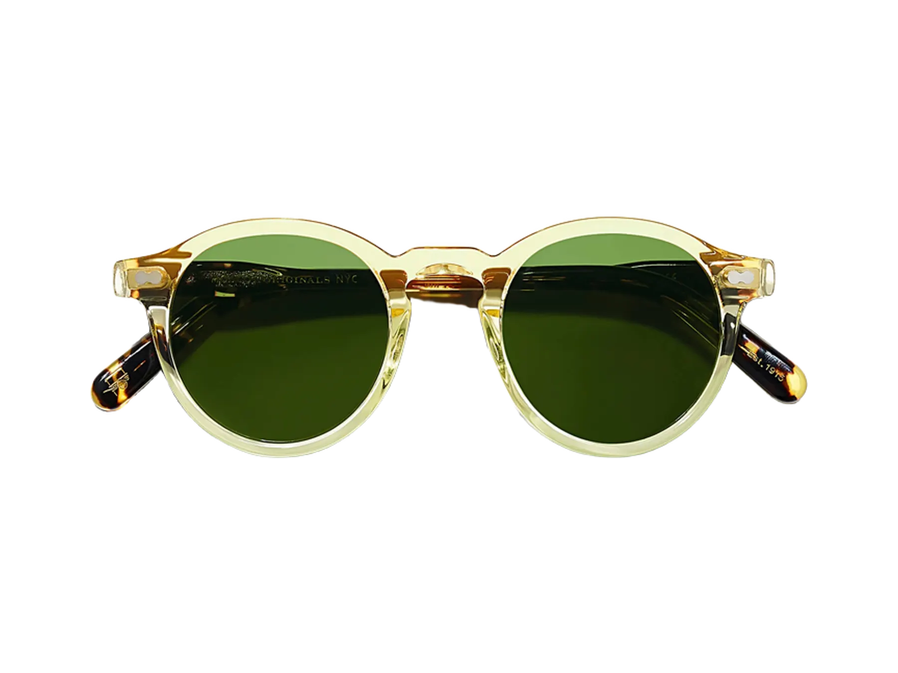 Moscot Miltzen Sun sunčane naočare, boja Citron/Tortoise, staklo Calibar Green, pogled spreda