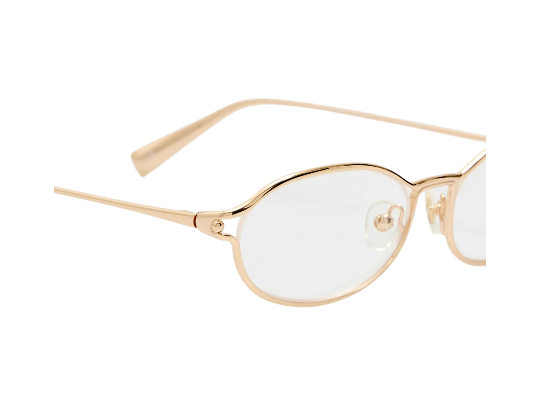 Jacquemus Tempo optical glasses, colour Gold, close-up of the hinge and temple