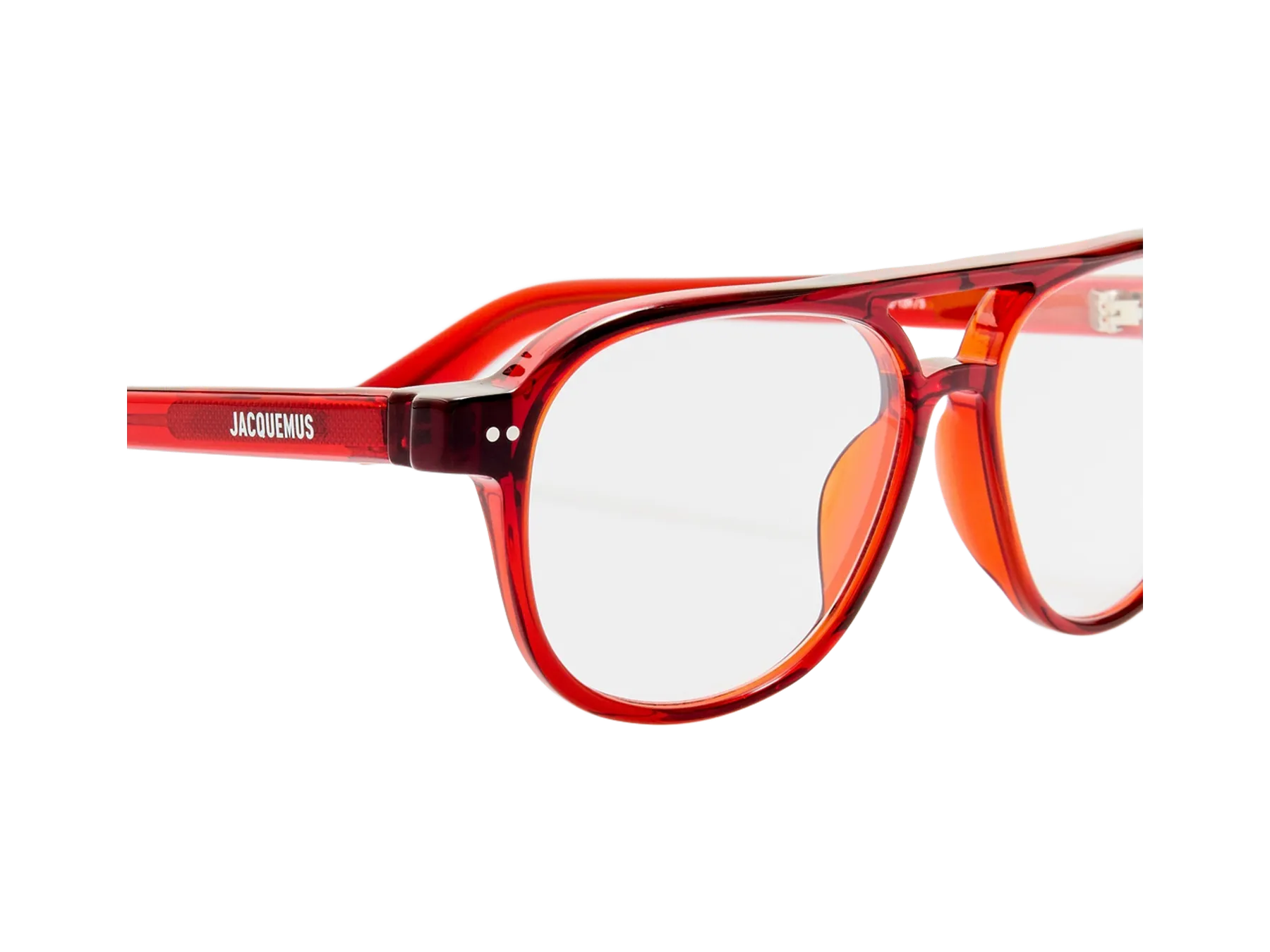 Jacquemus Altu optical glasses, colour Bordeaux, close-up of the hinge and temple