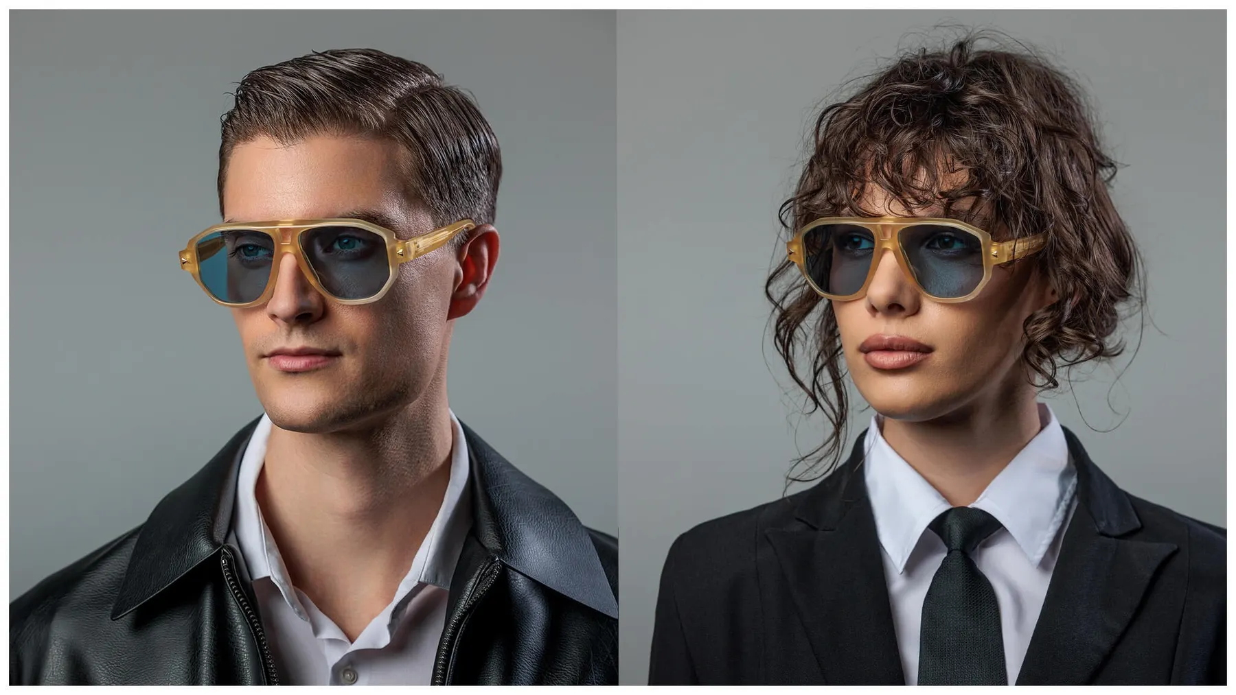 A man and a woman wearing Pray Forfax sunglasses, honey frame and blue lenses