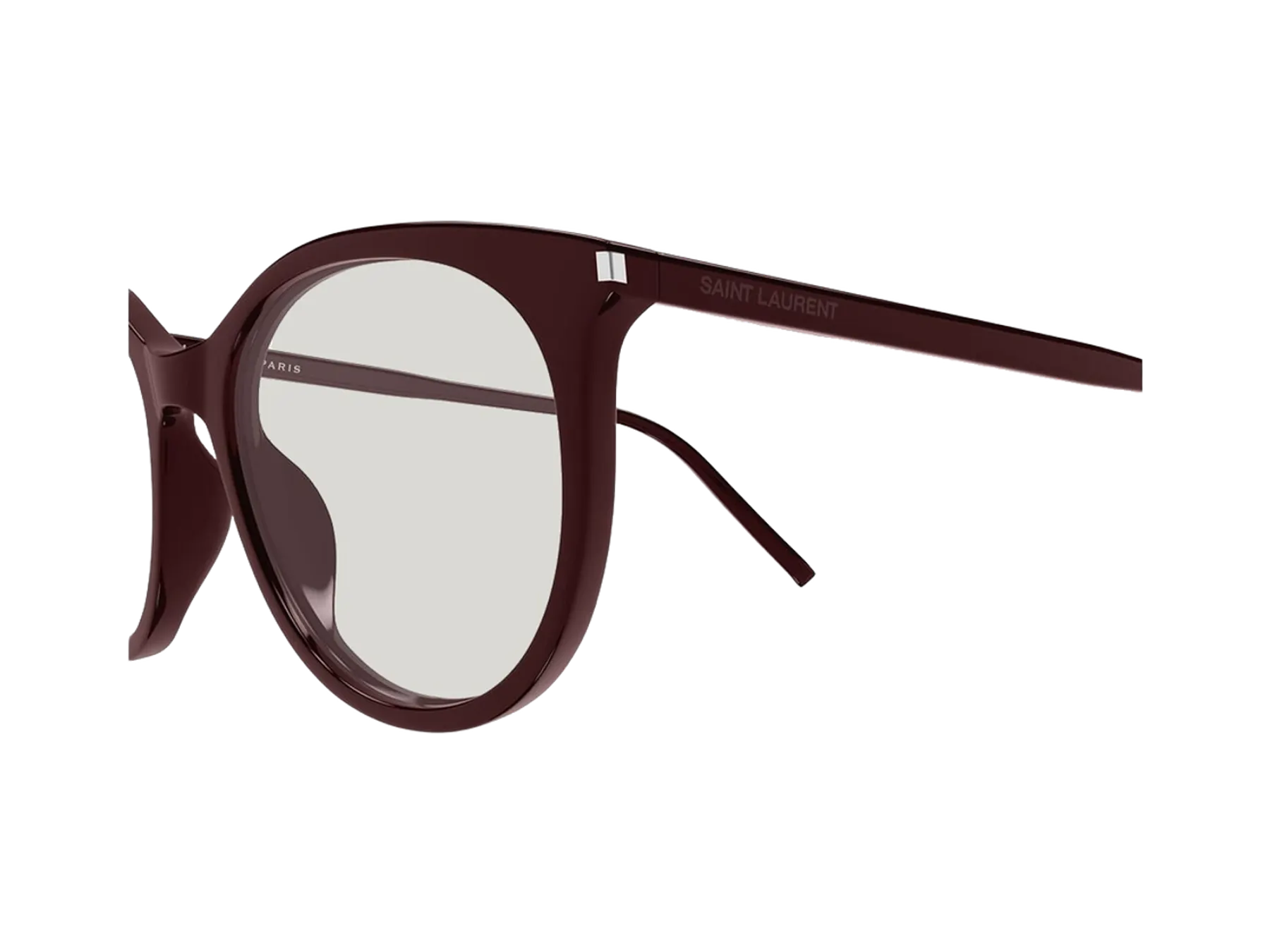 Saint Laurent SL 891 dioptrijske naočare, boja Shiny Solid Burgundy, detalj metalnog ugla i drške
