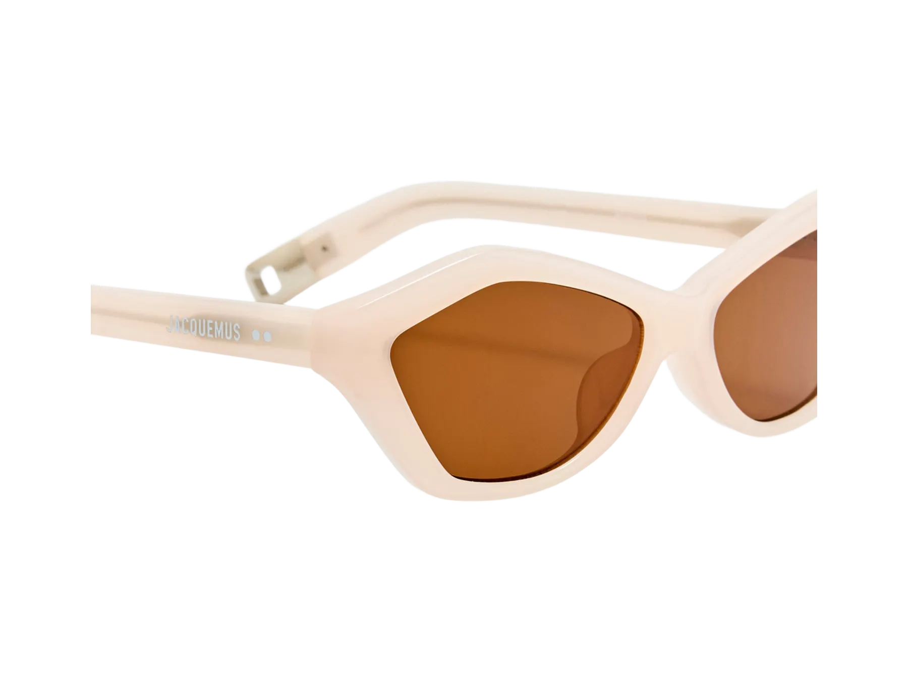 Jacquemus Bambino sunčane naočare, boja Pearl, detalj spoja okvira i drške