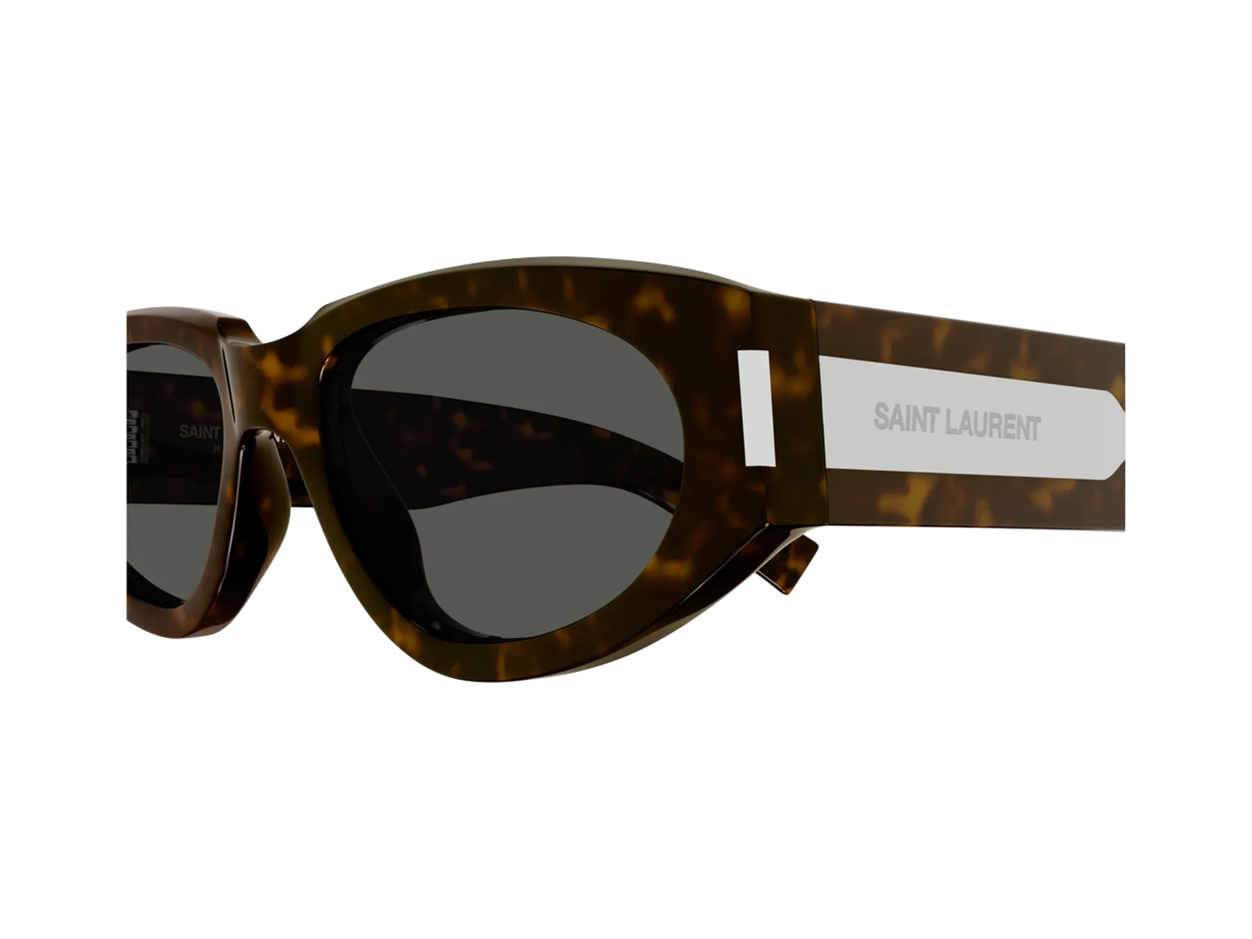 Saint Laurent SL 618 sunčane naočare, boja Shiny Dark Havana, detalj ugla okvira i drške