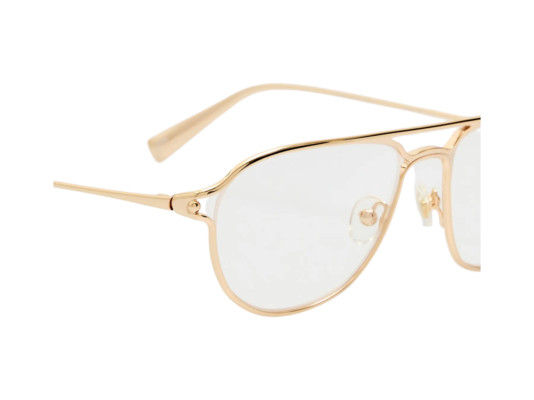 Jacquemus Acapulco optical glasses, colour Light Gold, close-up of the hinge and temple